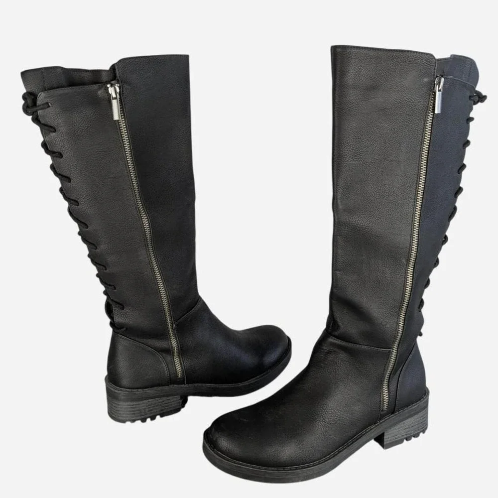 Kensie Dermott Back Lace-Up Knee High Riding Boot Black Size 8.5